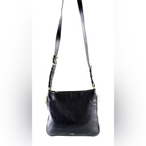 Fossil Black Pebbled Leather Small Crossbody Bag Expands Zip Around Brass 5874